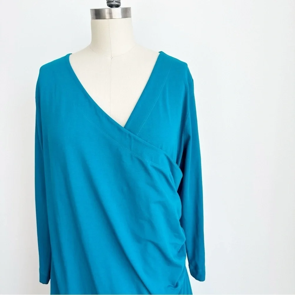 Soft Surroundings Faux Wrap Ruched Dress Teal Blue Size Large Tall